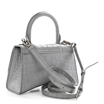 Shiny Calfskin Crocodile Embossed Hourglass Top Handle Bag XS Balenciaga Grey