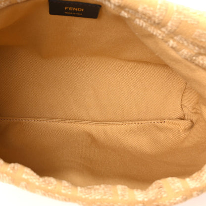 Fabric Jacquard Raffia Straw Fringe Medium Mamma Baguette Beige