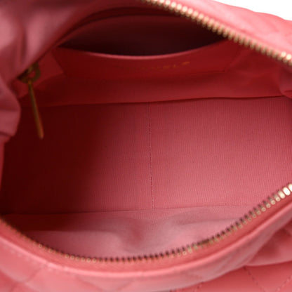 Shiny Lambskin Quilted Trendy Pockets Hobo Coral Pink