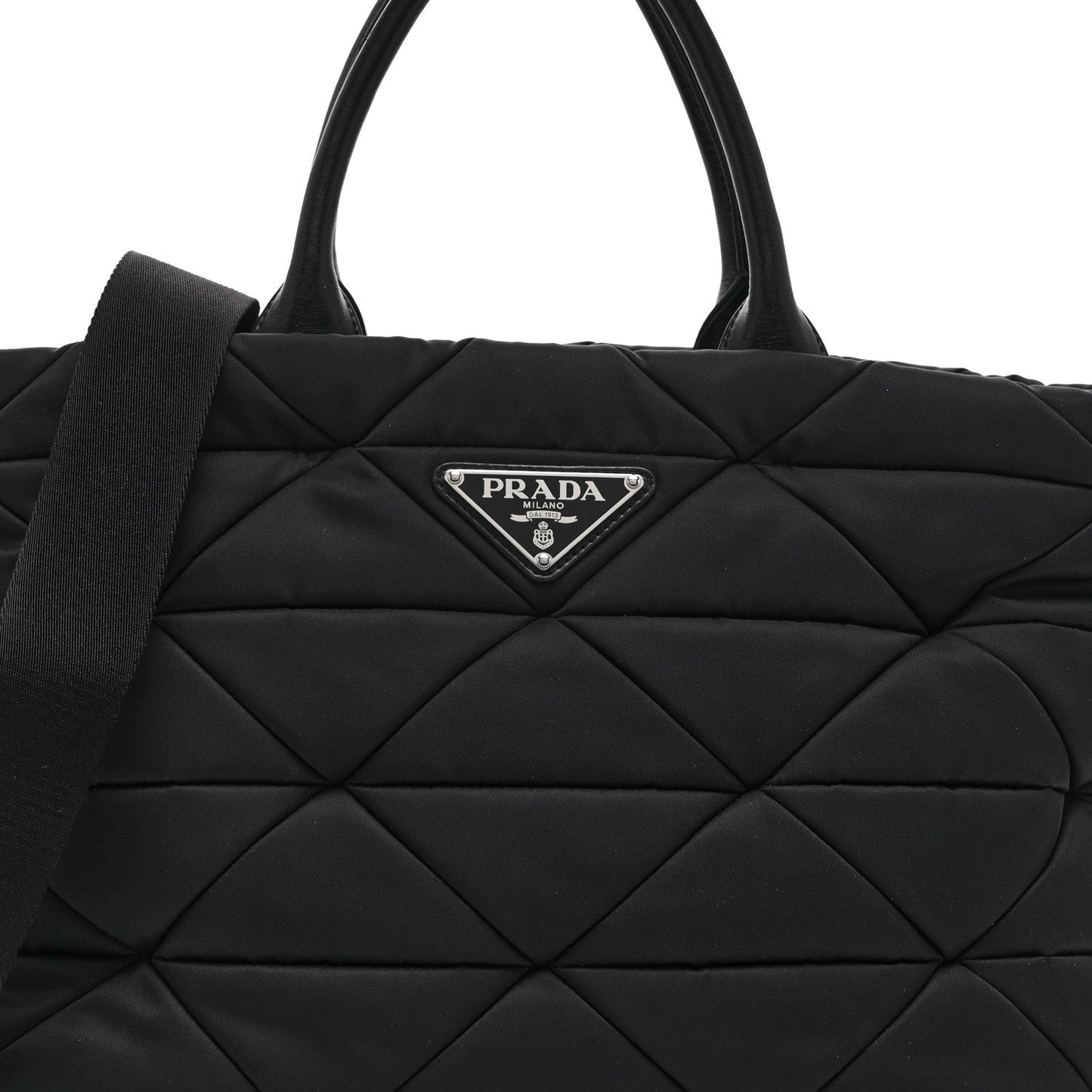 Re-Nylon Nappa Triangle Quilted Padded Medium Double Handled Zip Tote Black