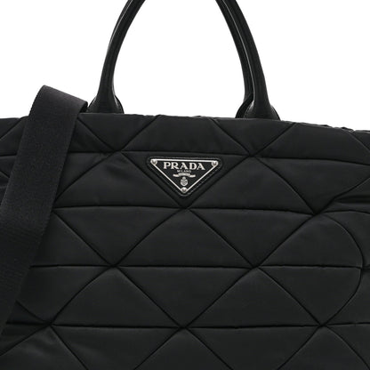 Re-Nylon Nappa Triangle Quilted Padded Medium Double Handled Zip Tote Black