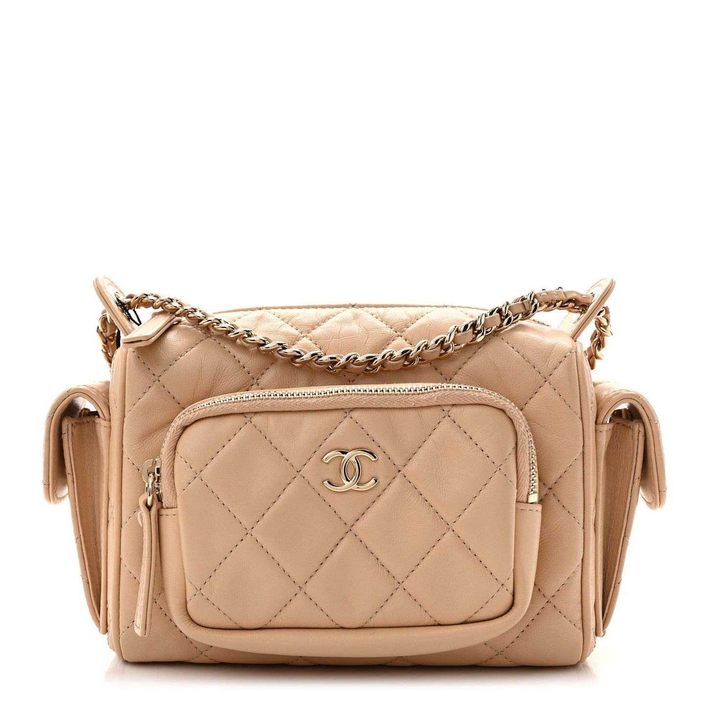 Shiny Crumpled Lambskin Quilted Small Preppy Pocket Camera Case Beige