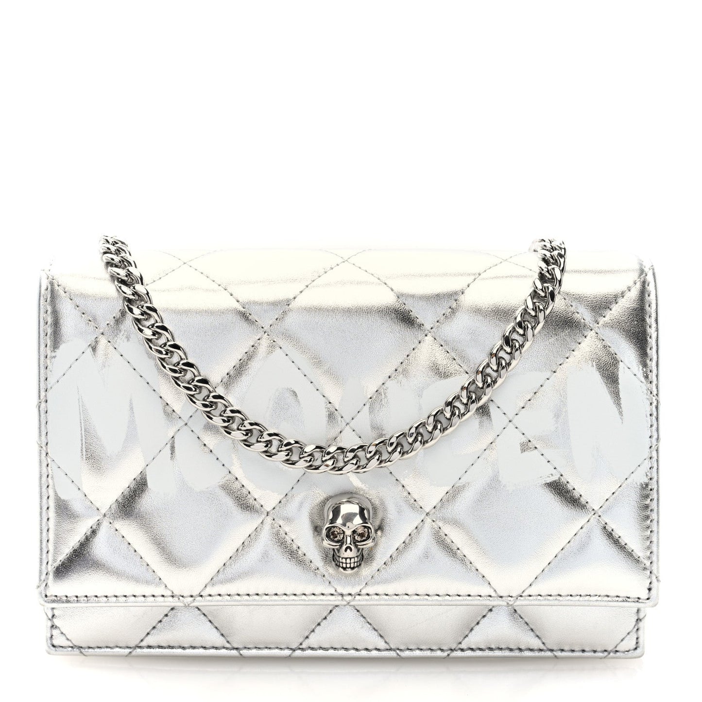 Metallic Calfskin Quilted Graffiti Skull Small Chain Crossbody Bag Silver