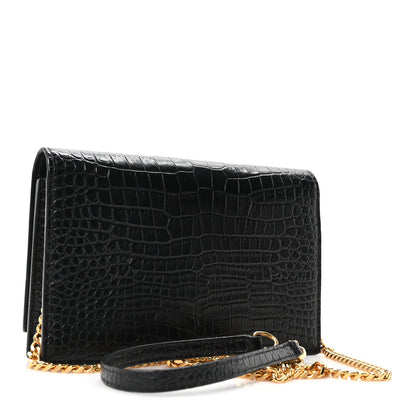 Calfskin Crocodile Embossed Kate Monogram Tassel Chain Wallet Black