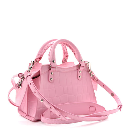 Semi Shiny Calfskin Crocodile Embossed Neo Classic Silver Hardware Mini City Pink