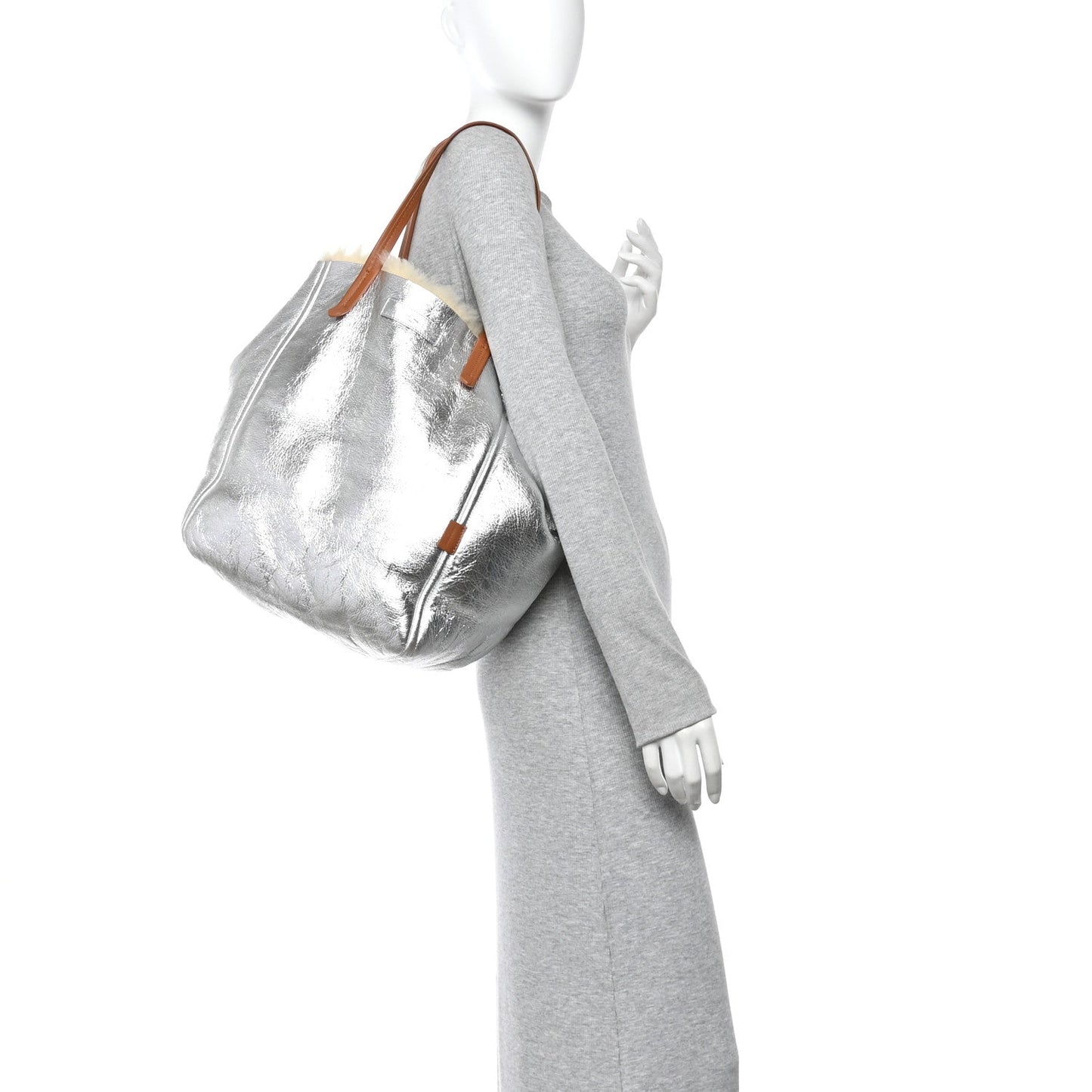 Metallic Lambskin Shearling Medium Phantom Cabas Reversible Tote Natural Silver