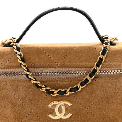 Suede Calfskin Shiny Lambskin Quilted Top Handle Slim Vanity Case With Chain Beige Black