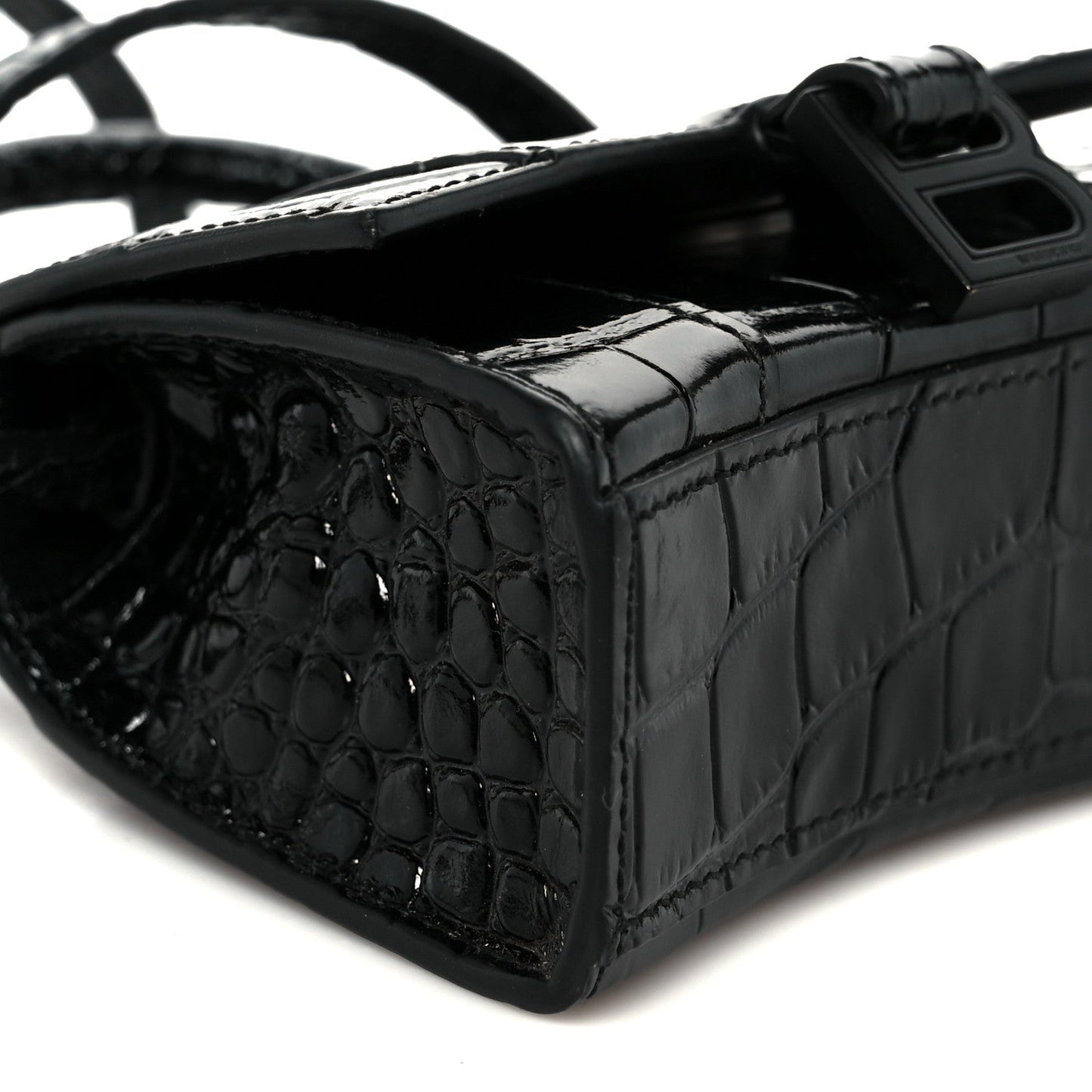 Shiny Calfskin Monochrome Crocodile Embossed Hourglass Top Handle Bag Mini Black