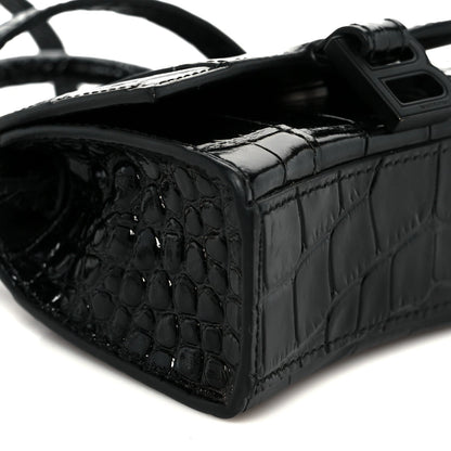 Shiny Calfskin Monochrome Crocodile Embossed Hourglass Top Handle Bag Mini Black