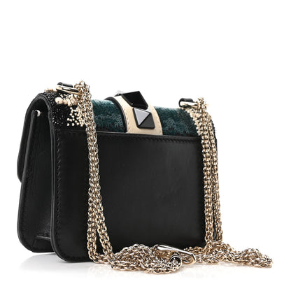 Vitello Beaded Mini Glam Lock Rockstud Flap Black Ivory Green
