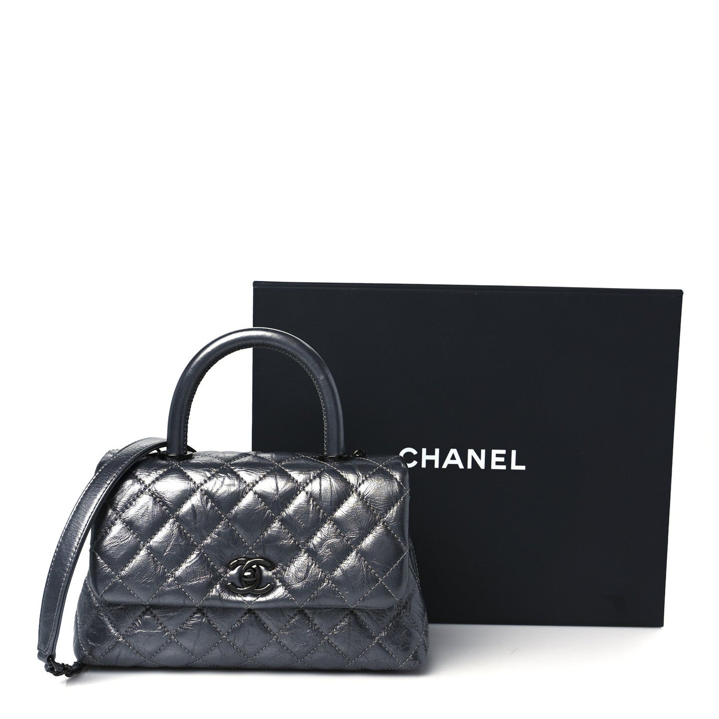 Metallic Aged Calfskin Quilted Mini Coco Handle Flap Charcoal