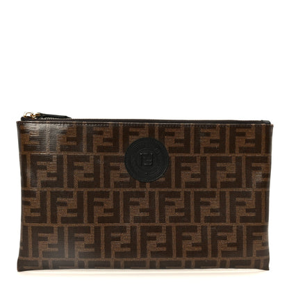 Glazed Fabric Vitello Century FF 1974 Stamp Patch Large Flat Pouch Mogano Panna Black