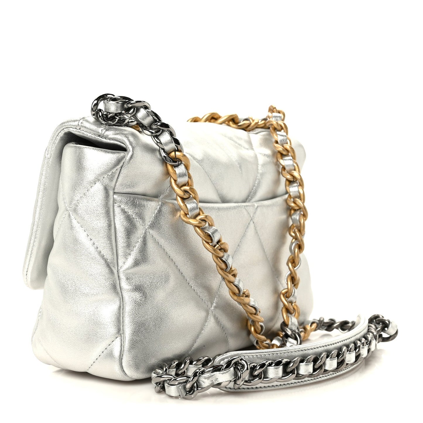 Metallic Lambskin Quilted Medium Chanel 19 Flap Silver