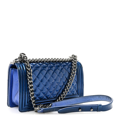 Metallic Patent Quilted Medium Boy Flap Blue