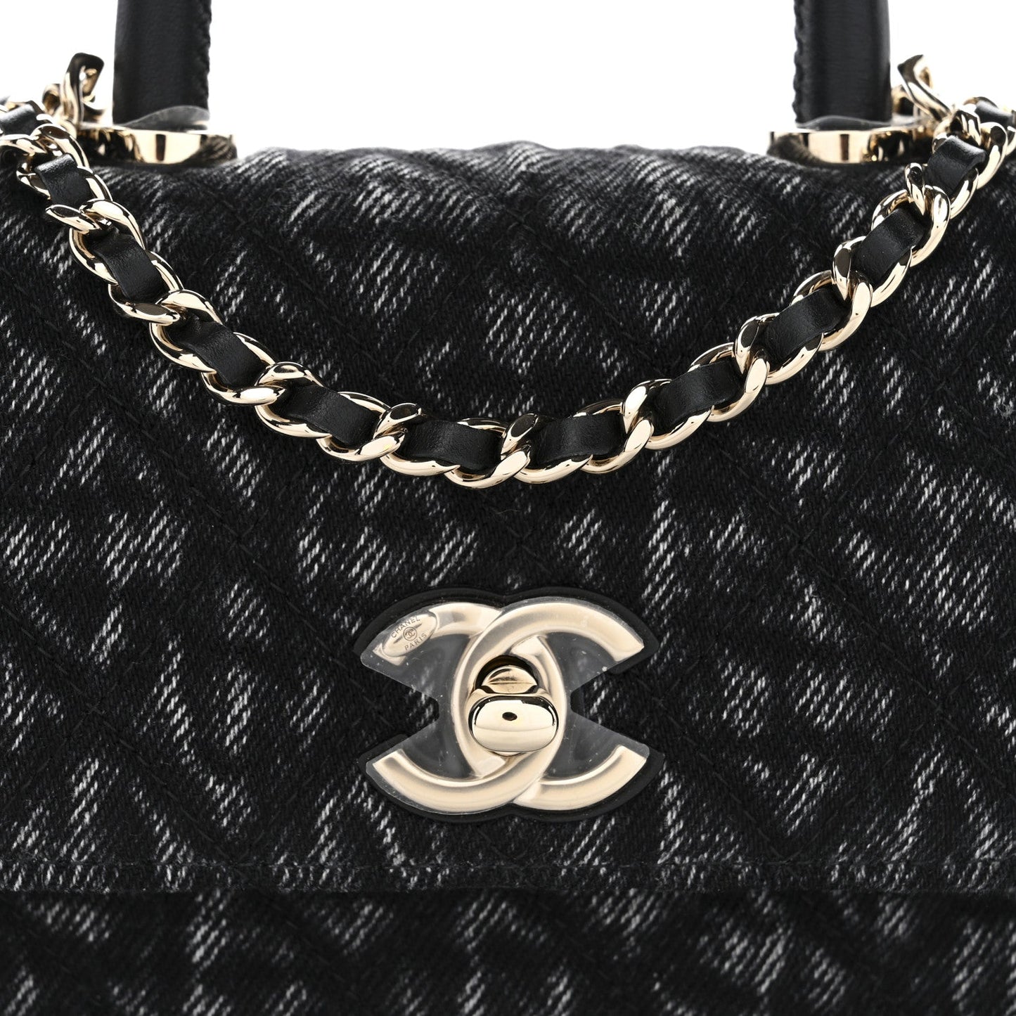 Washed Denim Quilted Coco Handle Clutch With Chain Black