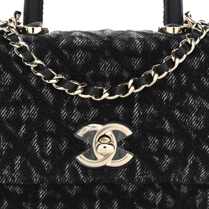 Washed Denim Quilted Coco Handle Clutch With Chain Black