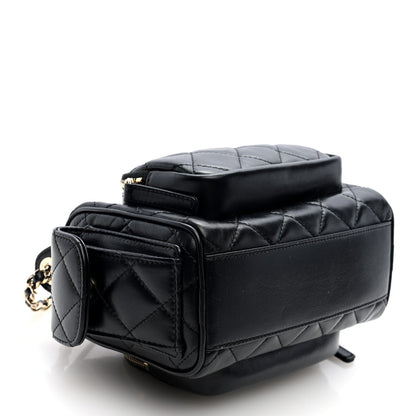 Shiny Crumpled Lambskin Quilted Small Preppy Pocket Camera Case Black