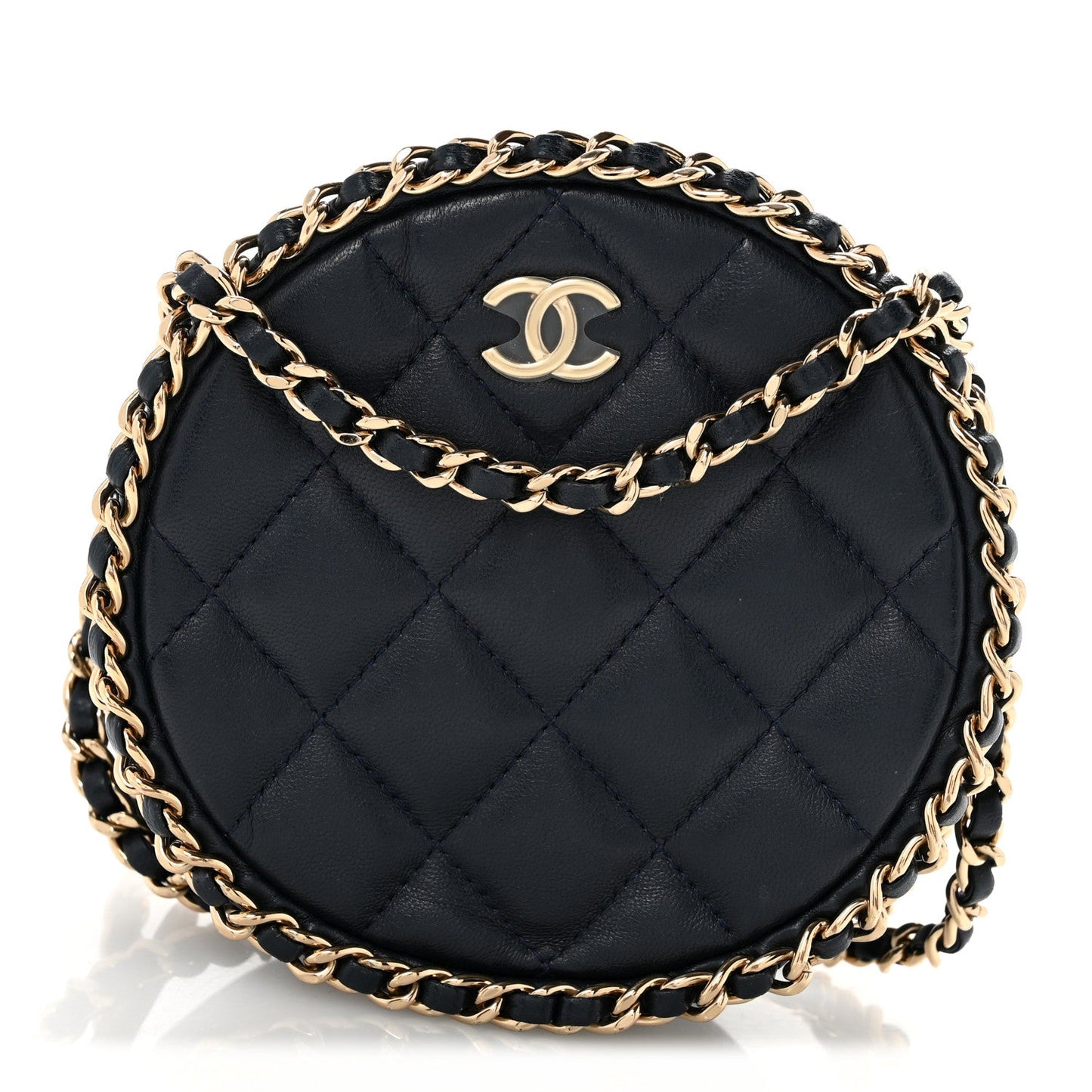 Lambskin Quilted Chain Around CC Round Clutch With Chain Navy