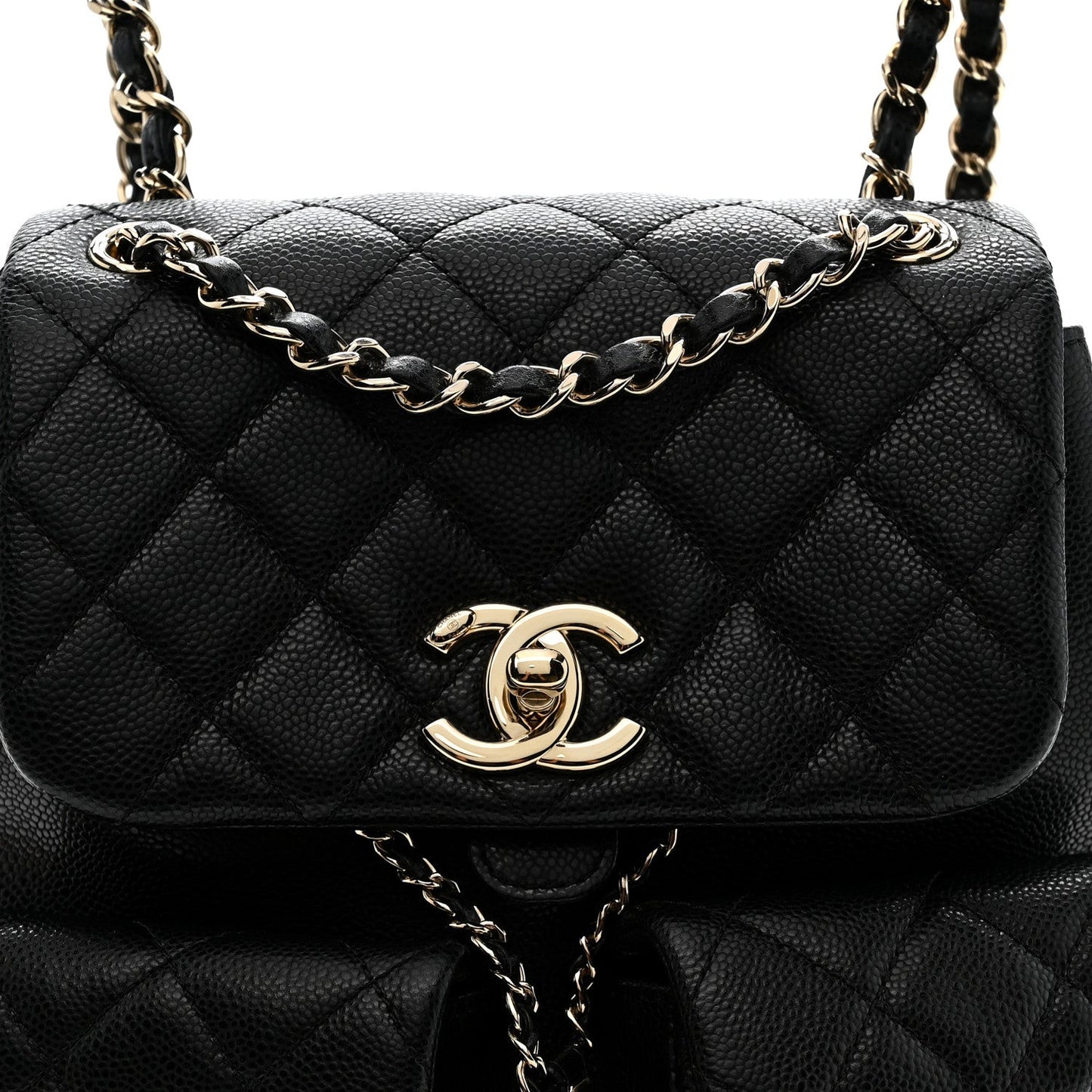 Shiny Caviar Quilted Medium Duma Pockets Drawstring Backpack Black