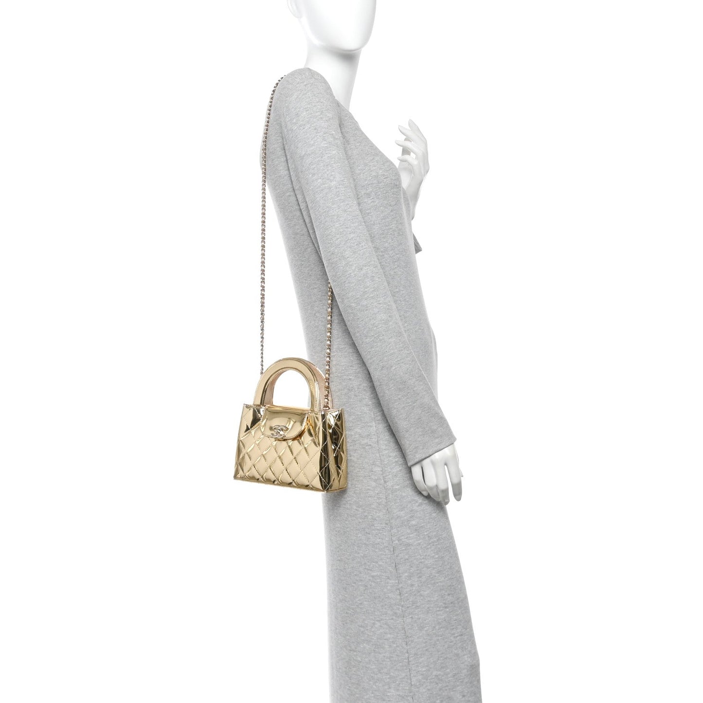 Mirror Calfskin Metallic Calfskin Quilted Nano Kelly Shopper Gold