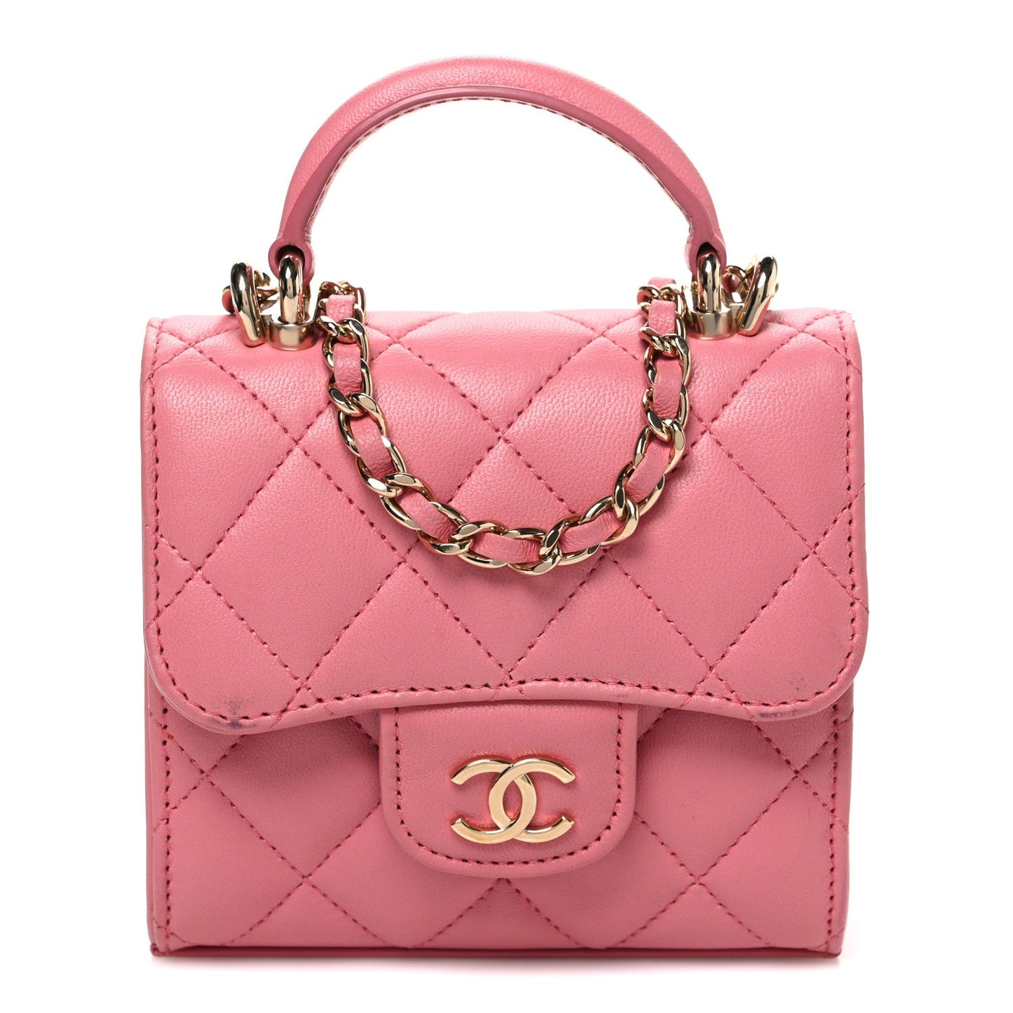 Lambskin Quilted Top Handle Clutch With Chain Pink