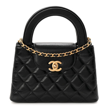 Shiny Aged Calfskin Quilted Nano Kelly Shopper Black