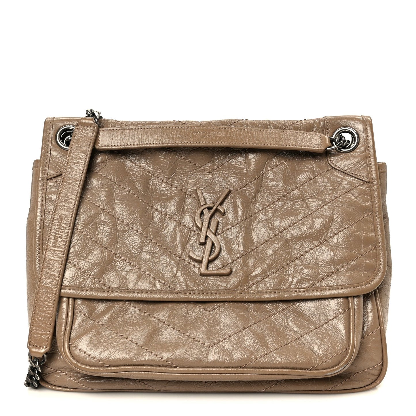 Crinkled Calfskin Matelasse Monogram Medium Niki Chain Satchel Light Taupe