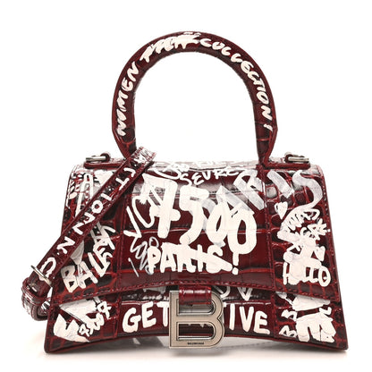 Crocodile Embossed Calfskin Graffiti Hourglass Top Handle Bag XS Dark Red White