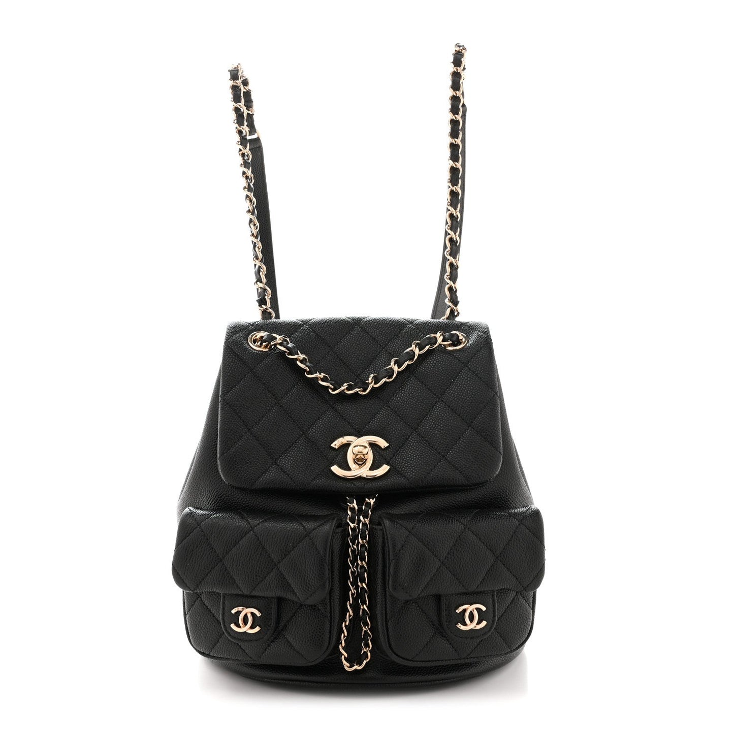 Shiny Caviar Quilted Medium Duma Pockets Drawstring Backpack Black