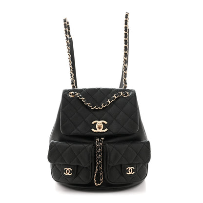 Shiny Caviar Quilted Medium Duma Pockets Drawstring Backpack Black