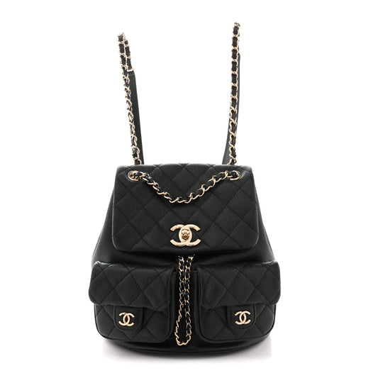Shiny Caviar Quilted Medium Duma Pockets Drawstring Backpack Black