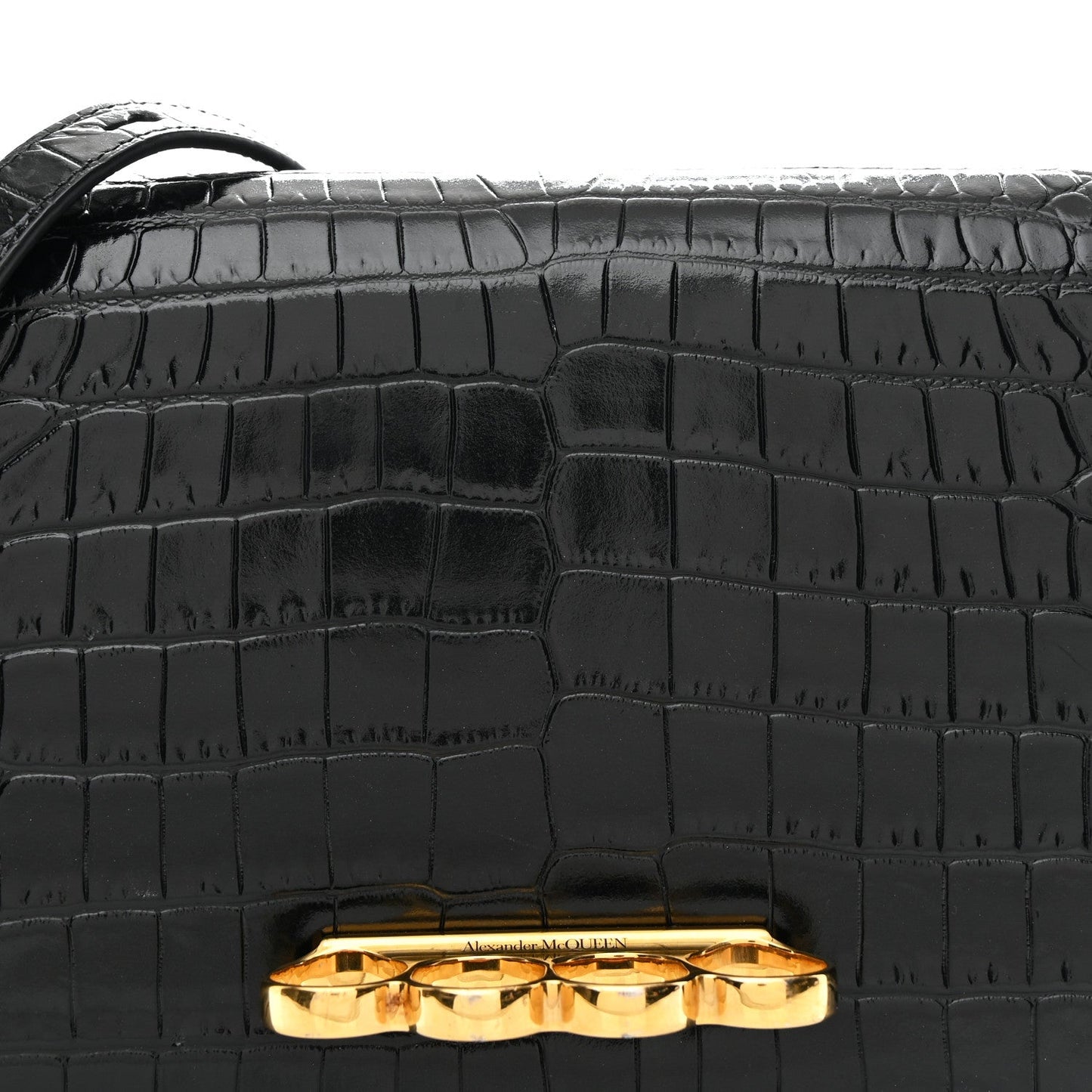 Calfskin Crocodile Embossed Four Ring Knuckle Crossbody Bag Black
