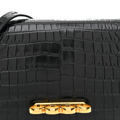 Calfskin Crocodile Embossed Four Ring Knuckle Crossbody Bag Black