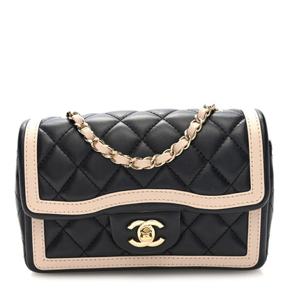 Shiny Lambskin Quilted Half Mini Flap Black Beige