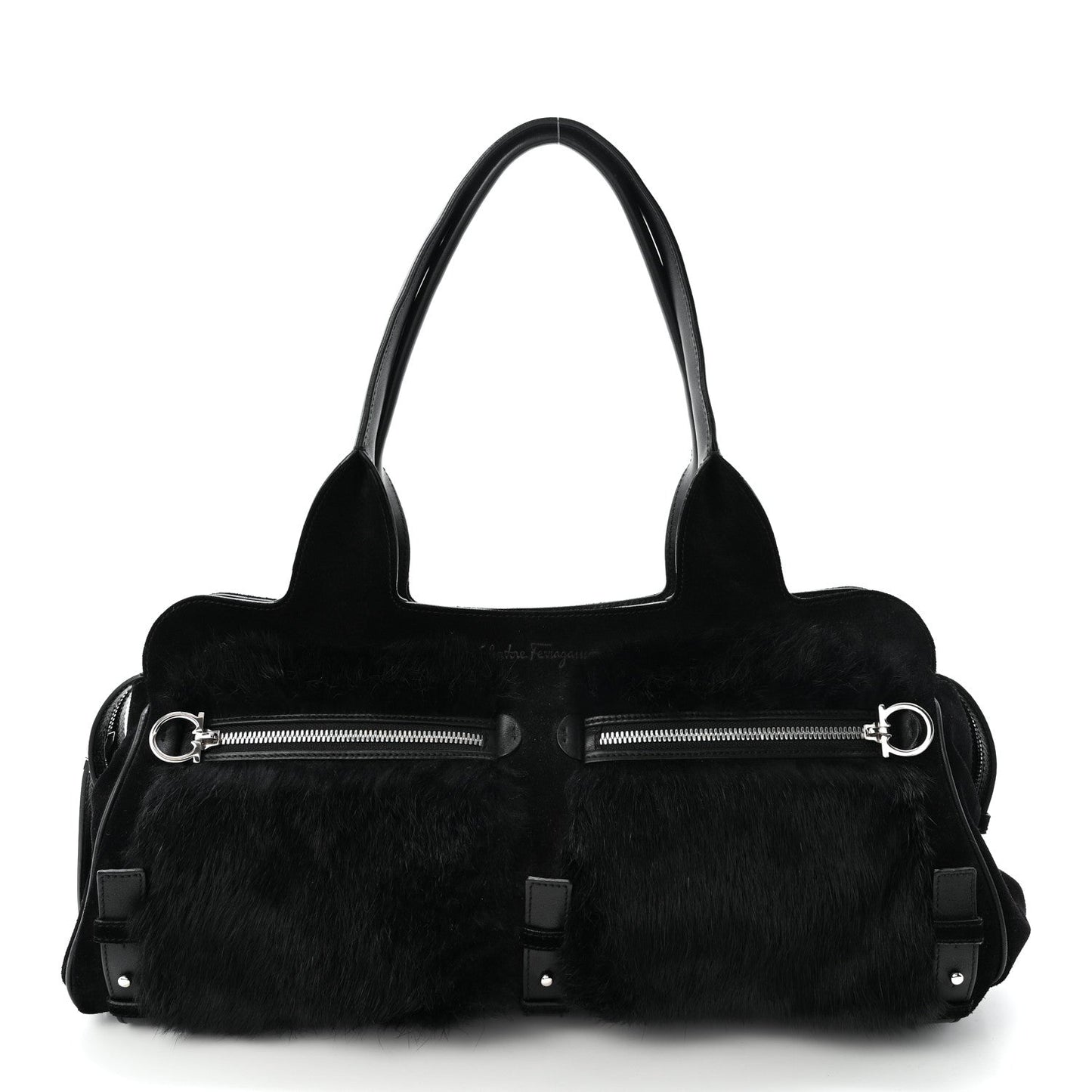 Fur Calfskin Suede Top Handle East West Tote Bag Black