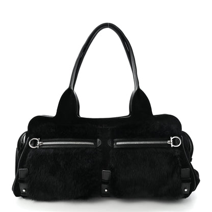Fur Calfskin Suede Top Handle East West Tote Bag Black