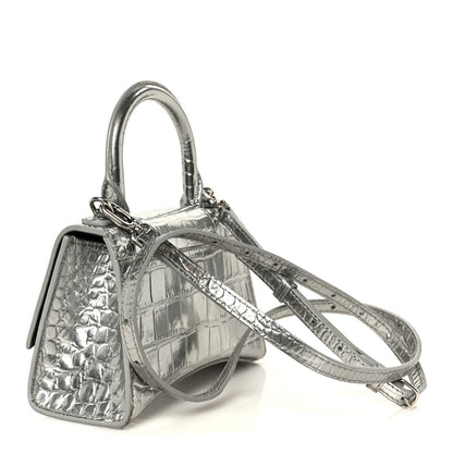 Metallic Calfskin Crocodile Embossed Hourglass Top Handle Bag XS Silver