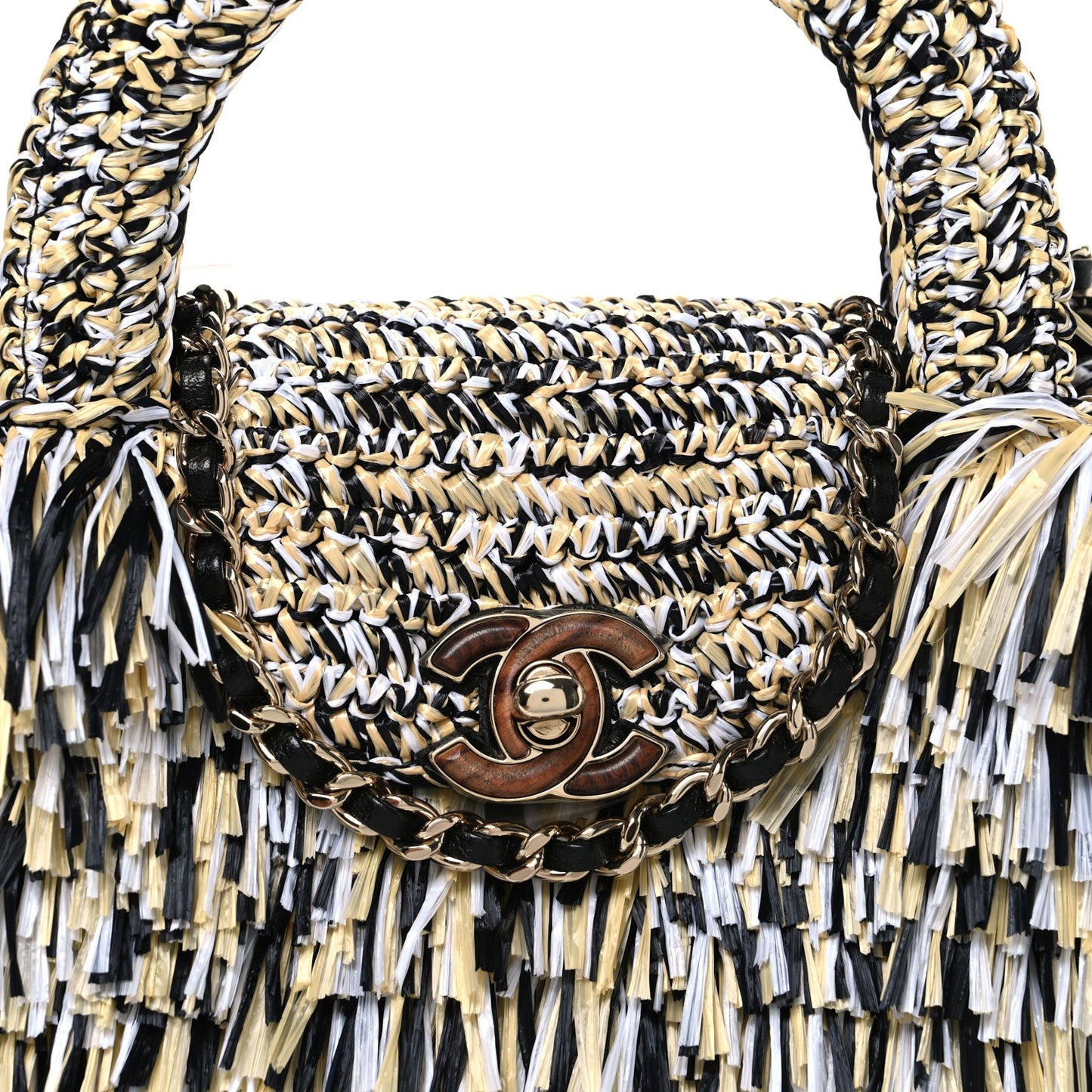 Raffia Fringe Nano Kelly Shopper Yellow Black White