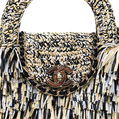 Raffia Fringe Nano Kelly Shopper Yellow Black White