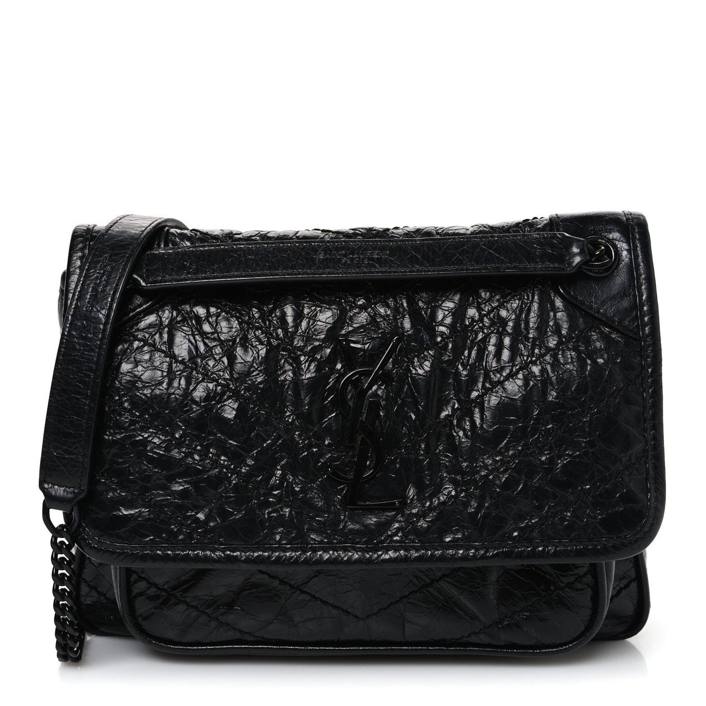 Crinkled Calfskin Matelasse Monogram Baby Niki Chain Satchel Black