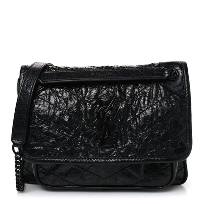 Crinkled Calfskin Matelasse Monogram Baby Niki Chain Satchel Black