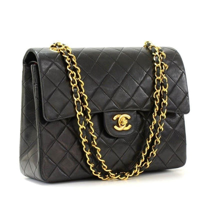 CHANEL 2.55 10" Tall Double Flap Black Quilted Leather Shoulder Bag Vintage
