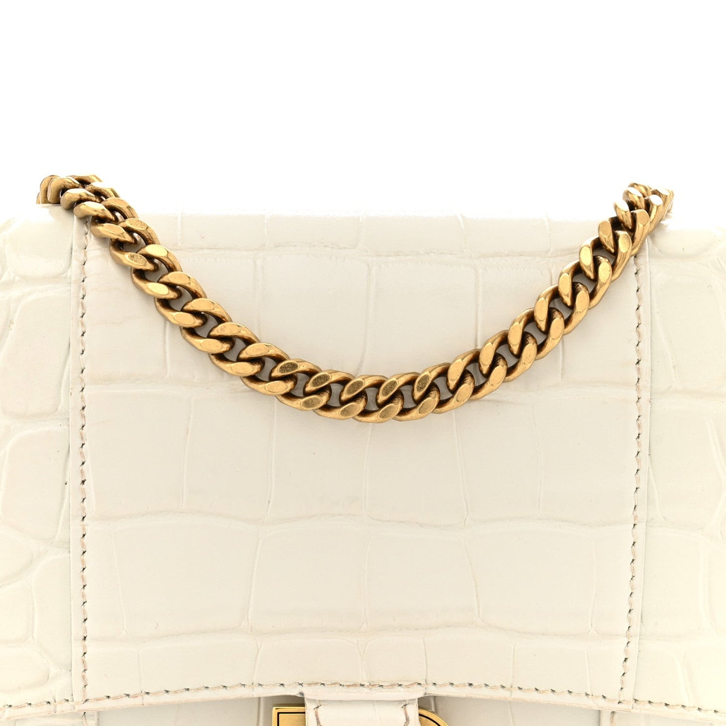 Shiny Calfskin Crocodile Embossed Hourglass Chain Bag White
