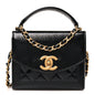 Shiny Lambskin Quilted Top Handle Card Holder On Chain Black