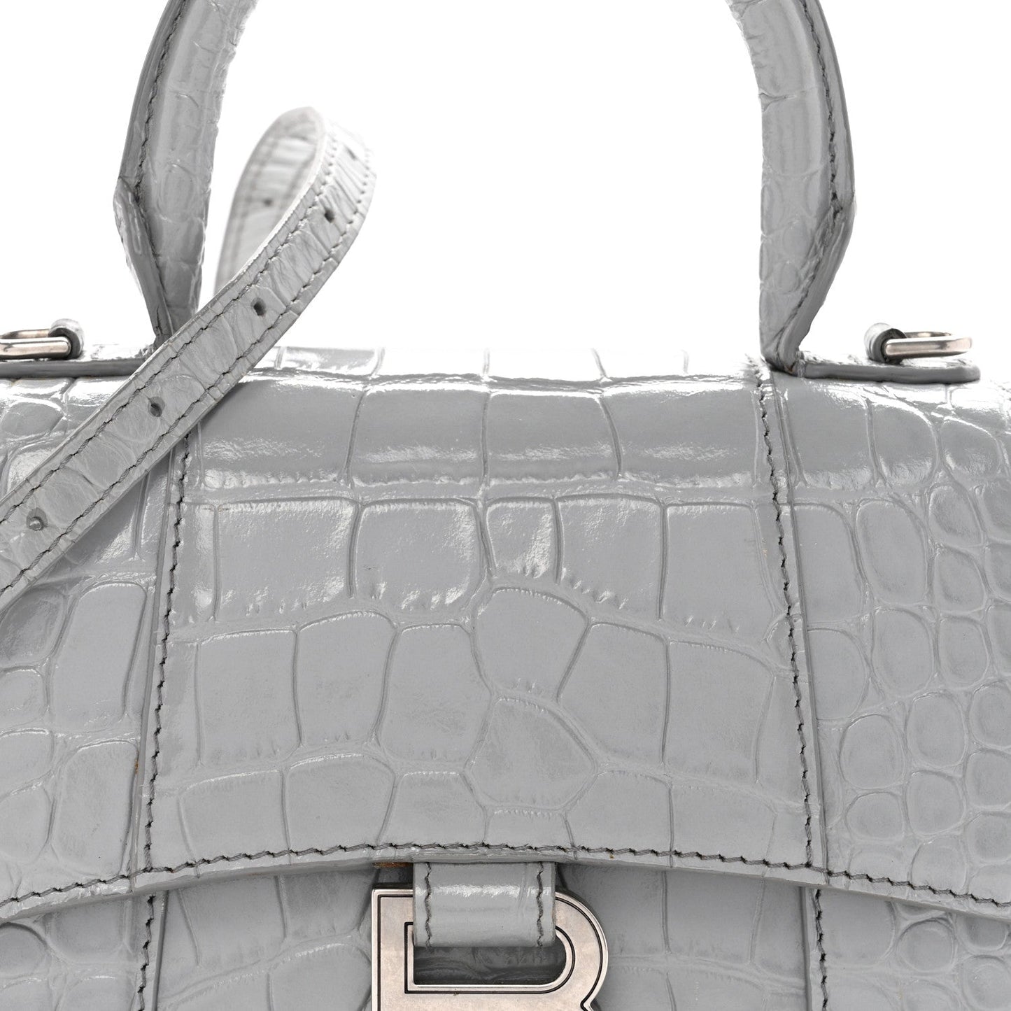 Shiny Calfskin Crocodile Embossed Hourglass Top Handle Bag XS Balenciaga Grey