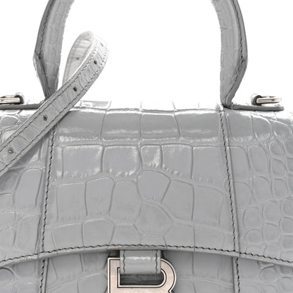 Shiny Calfskin Crocodile Embossed Hourglass Top Handle Bag XS Balenciaga Grey