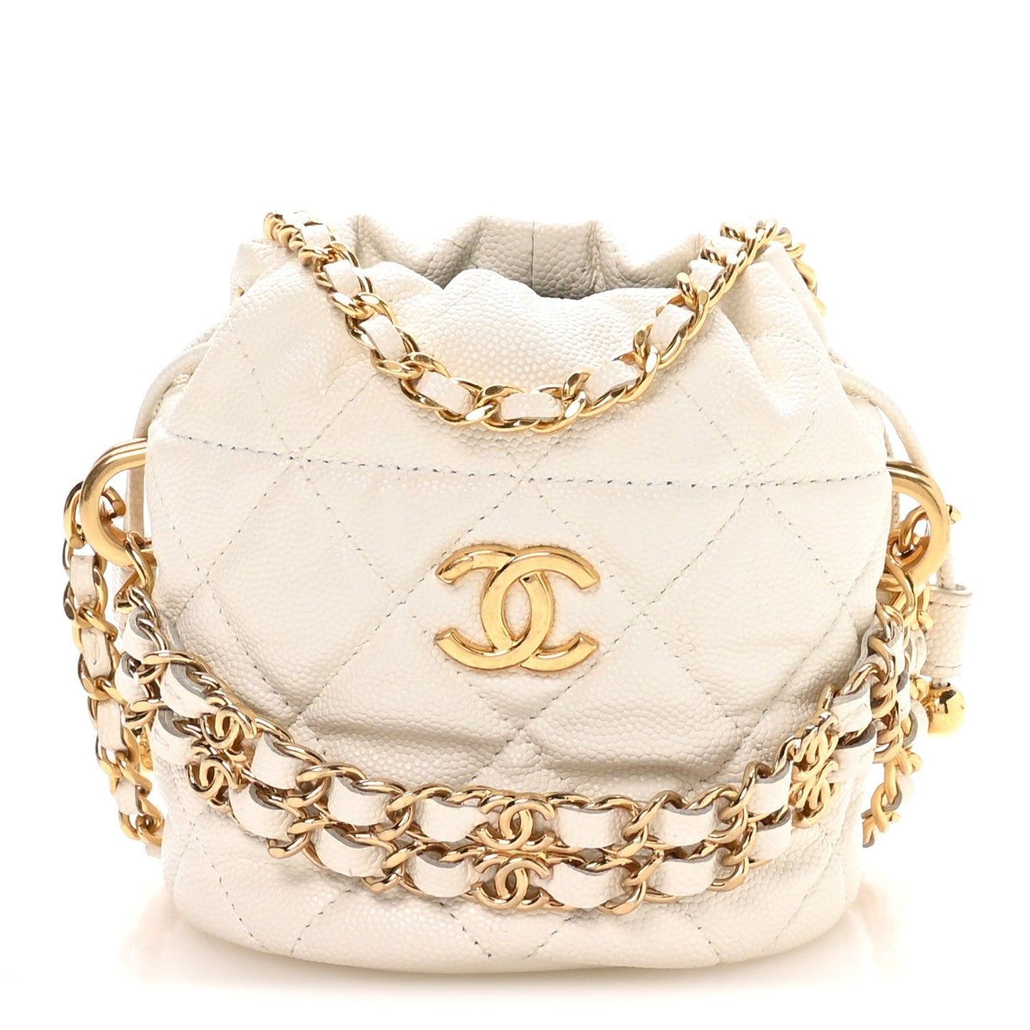 Caviar Quilted Coco First Bucket Clutch With Chain White