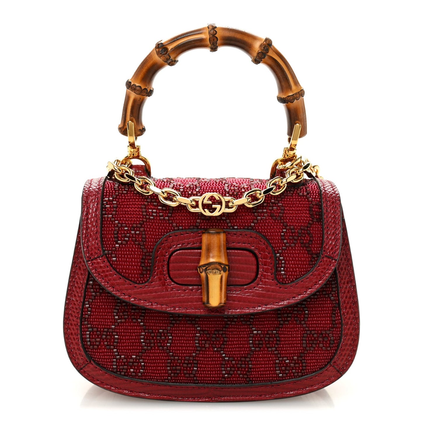 Moire Fabric Calfskin Rhinestone Monogram Monochrome Lizard Embossed Mini Bamboo 1947 Top Handle Chain Bag Red