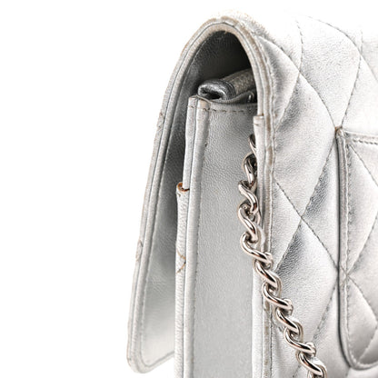Metallic Lambskin Quilted Wallet On Chain WOC Silver