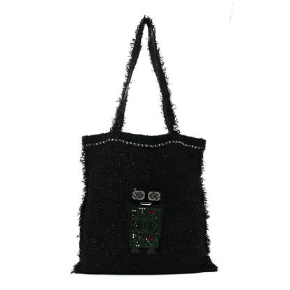 Tweed Resin Strass Large Robot Shopping Bag Black